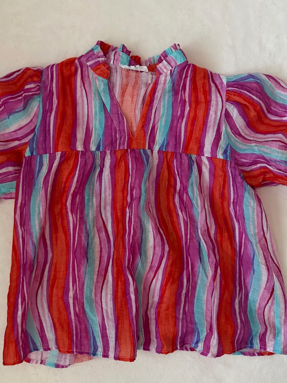 THML Striped Linen Blend Babydoll Blouse Small Pink Boho